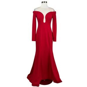 XSCAPE Women's Formal Dress Size 4 Red Long Sleeve Illusion Deep V-Neck Gown